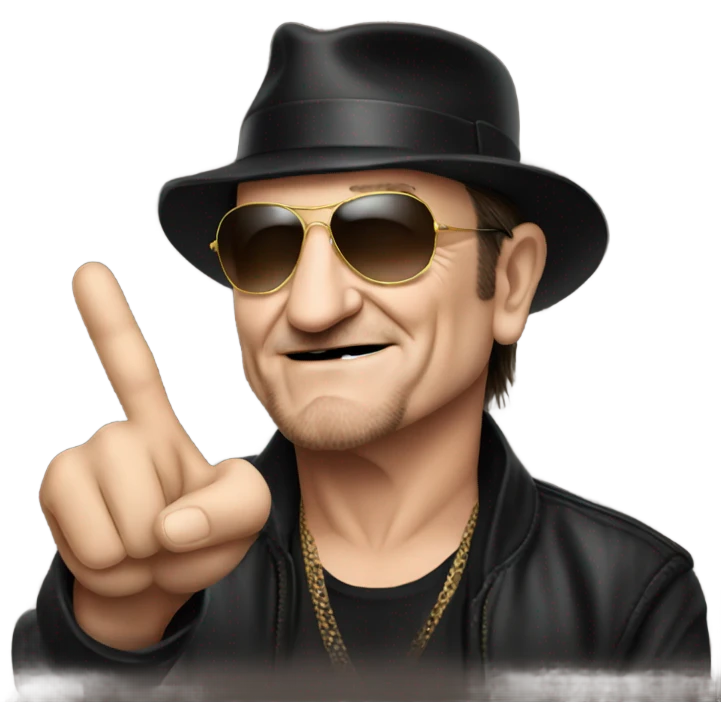 Bono doing v sign emoji