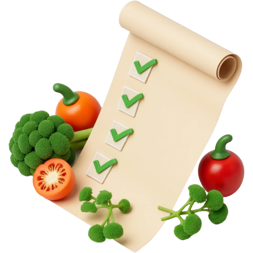 floating rolled paper list with green checkboxes and around vegetables emoji