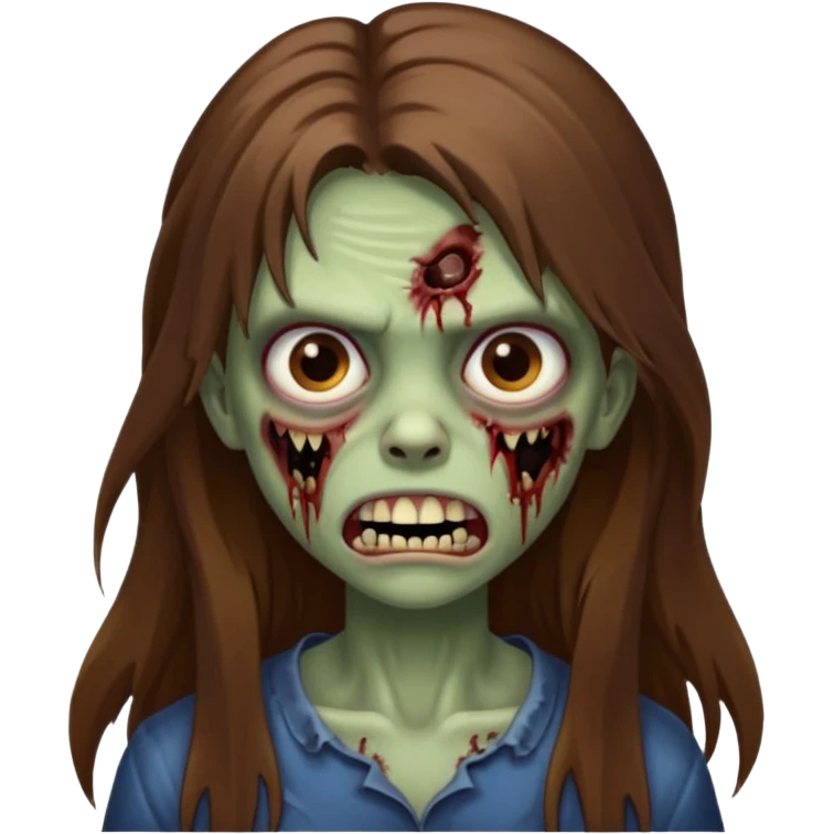 Girl zombie with brown long hair with teeth and serious face IOS 2019 style emoji