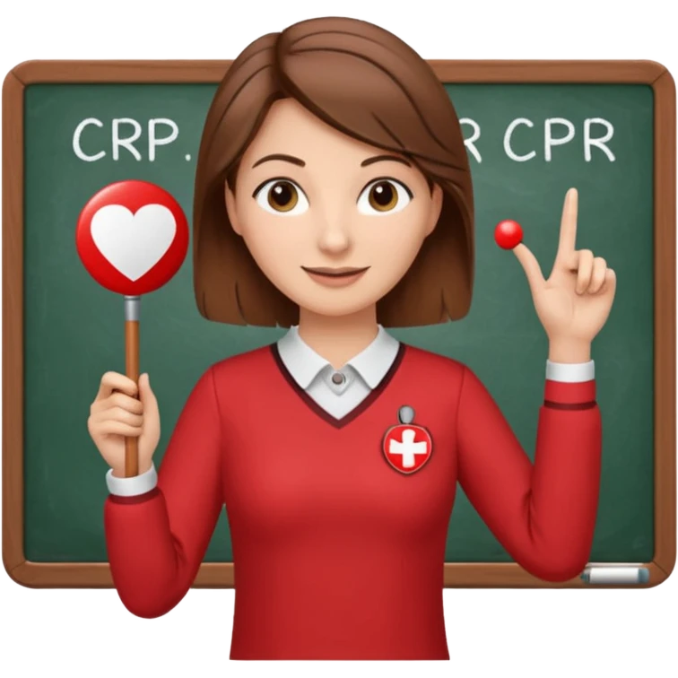 very Happy Teacher, female, brown hair up, wearing a red long sleeve top holding a pointer stick to a white board with a CPR logo. emoji