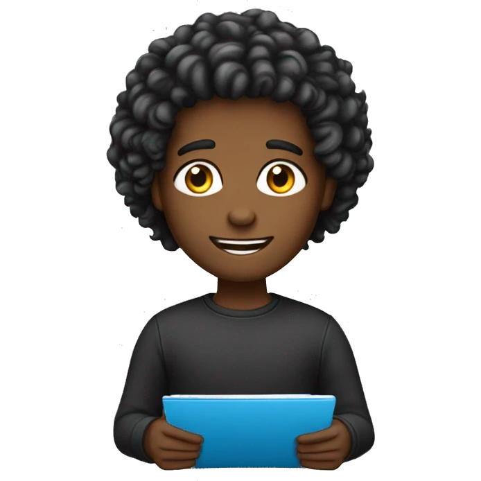 Menino de cabelo preto usando um notebook emoji