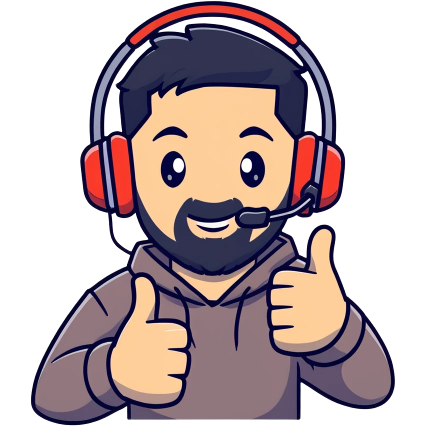 Man with black hair, brown eyes, and black beard wearing gaming headset giving a thumbs up gesture emoji