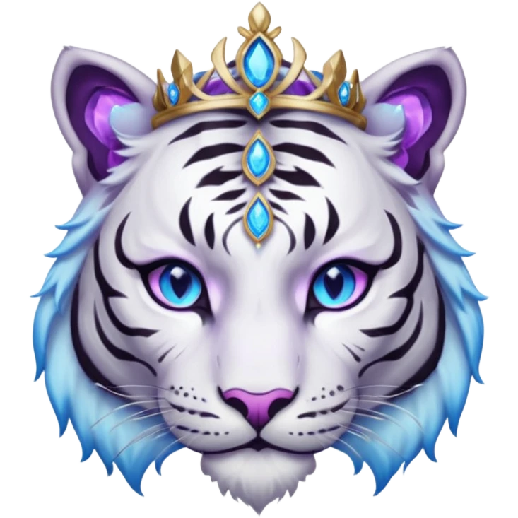 ESO Female white/black tiger khajiit leader of the umbral rose, glowing blue eyes, glowing blue 'third eye' gem; purple gem silver tiara emoji