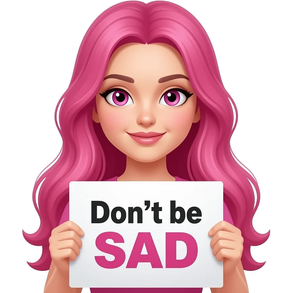 sexy girl with long pink hair and pink eyes holding Don't be SAD sign emoji