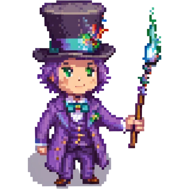 street magician with a top hat and wand, pixel art style emoji