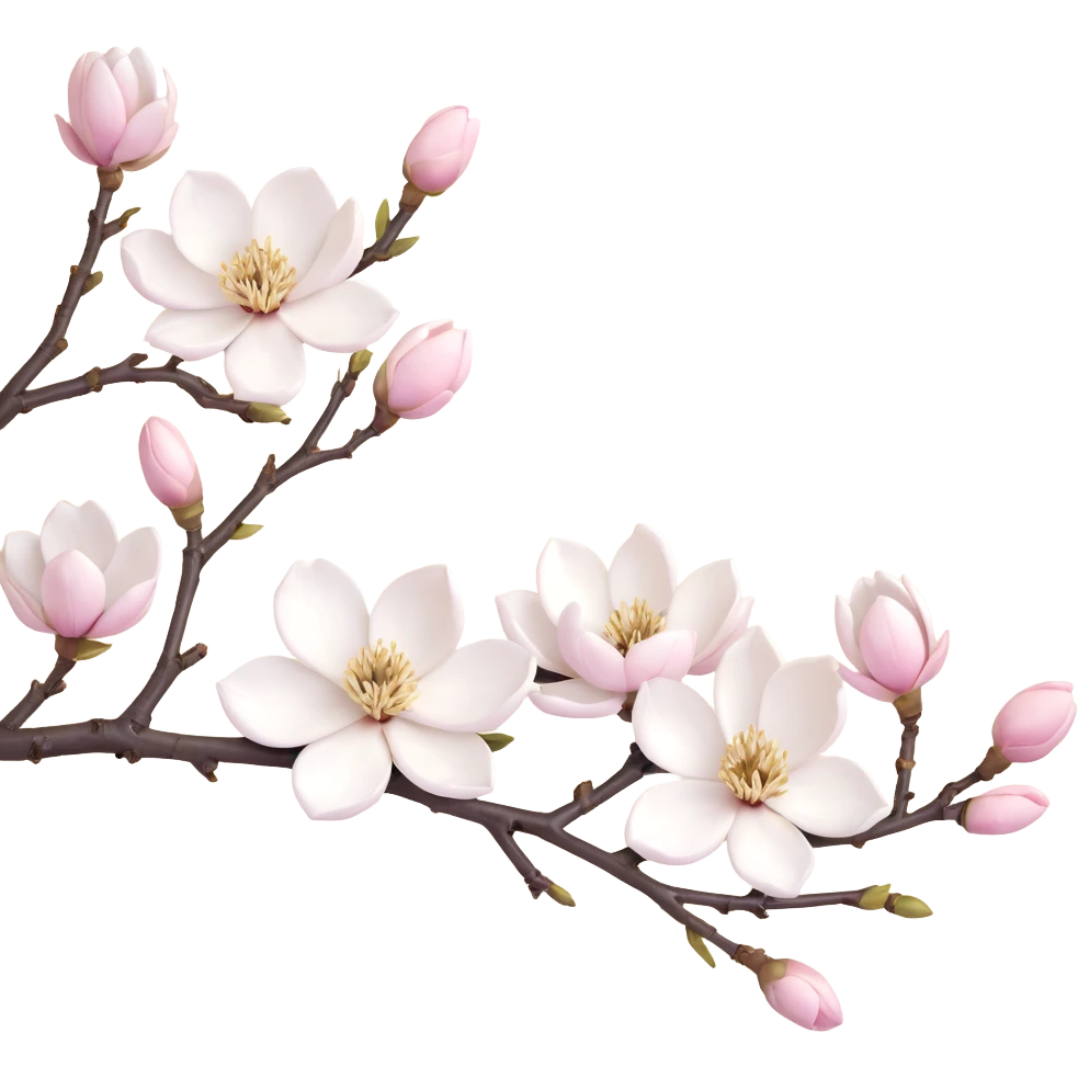 Traditional Japanese Magnolia kobus (kobushi) blossom with sumi-e brush stroke style, delicate white flowers on bare branch, zen aesthetic with subtle ink wash background emoji