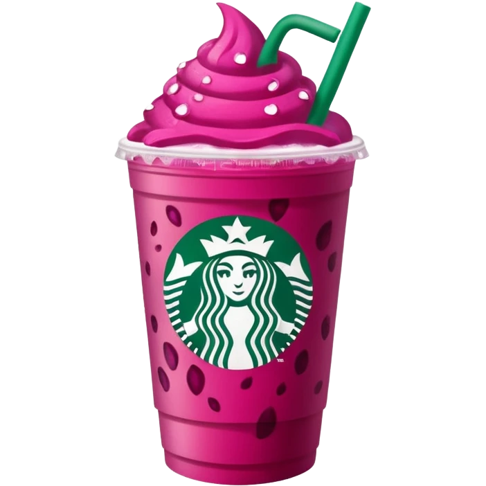 Starbucks dark pink dragonfruit refresher. flat on top. starbucks logo. emoji