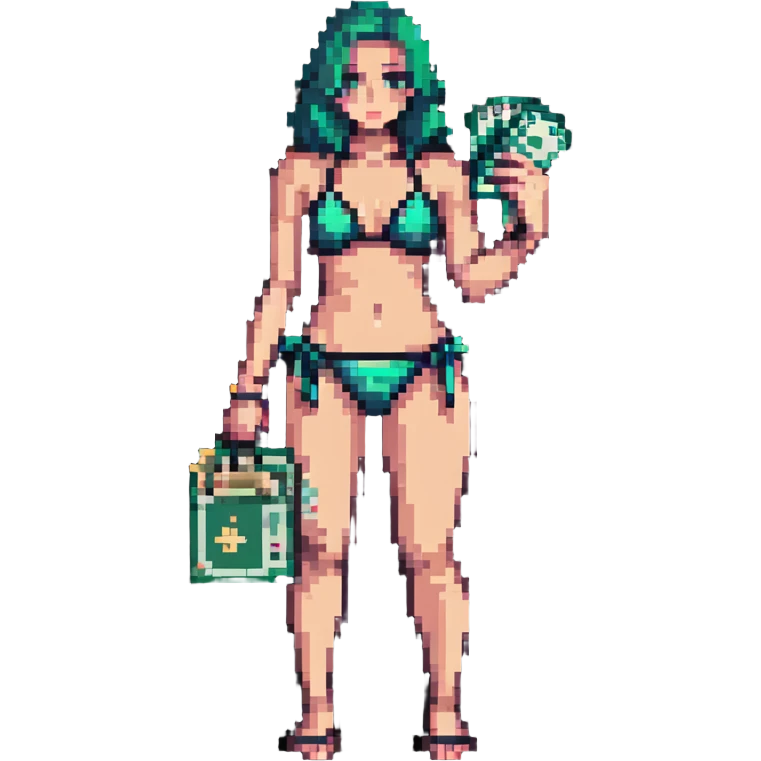 gangster in a bikini, holding a wad of cash emoji