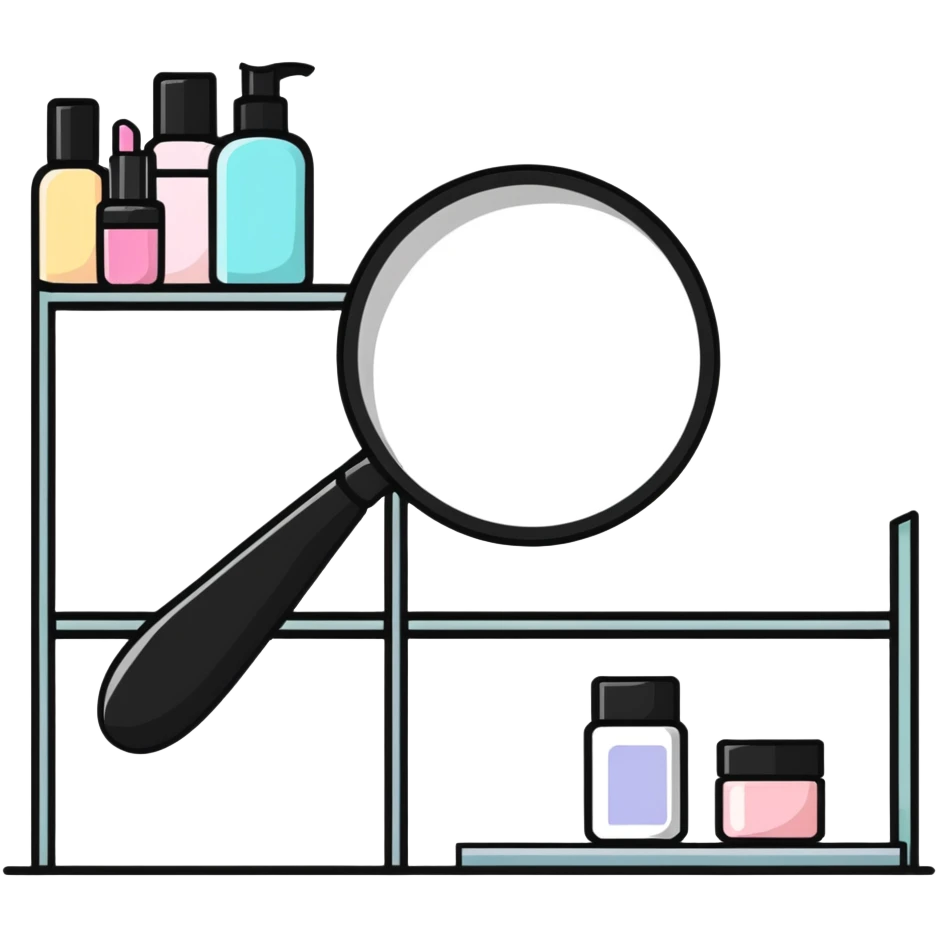 magnifying glass over empty beauty product shelf, searching emoji