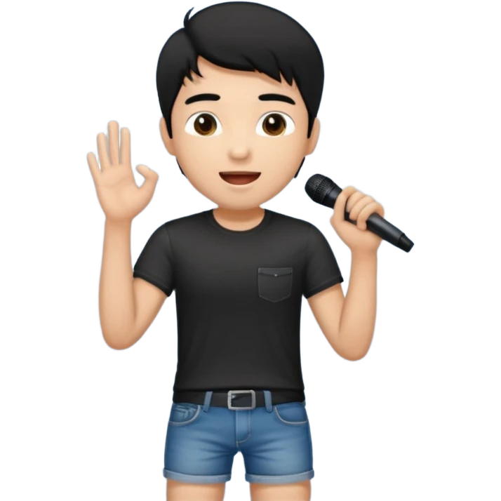 Handsome young man with black hair singing karaoke wearing an black t-shirt and denim shorts. emoji