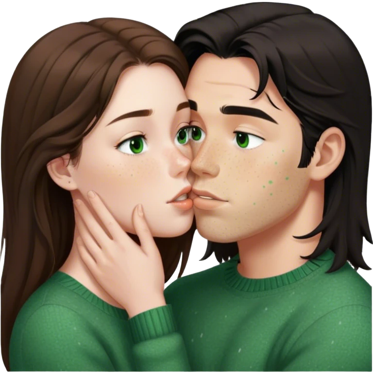 Young guy with black slightly long hair kissing a young woman with brown hair and  green sweater and only the woman has very light freckles on her face with the emoji made so there is no part that is cut off emoji
