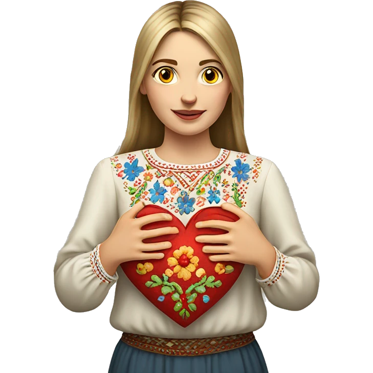 A Ukrainian woman in an embroidered shirt holds a heart in her hands emoji