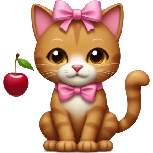 A brown cat with a pink bow on its head holds a cherry in its paw emoji