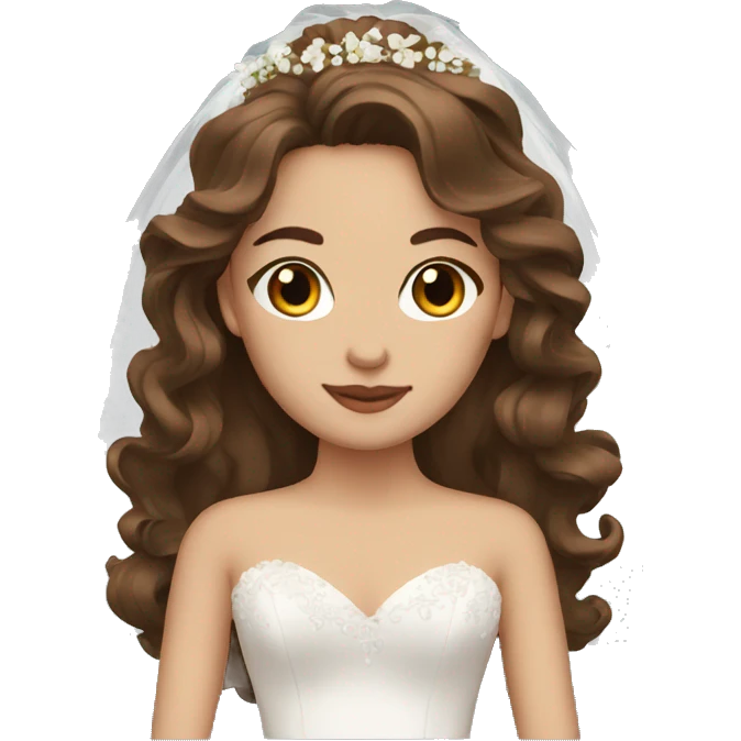 bride with brown long wavy hair, brown eyes emoji