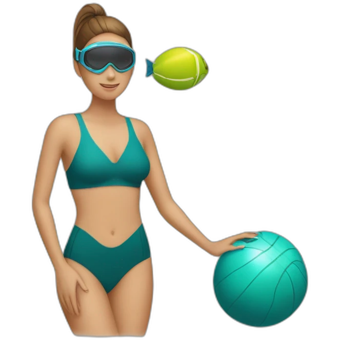 Woman wearing a swimsuit, fins, snorkel equipement, holding a ball, swiming downward, fighting emoji