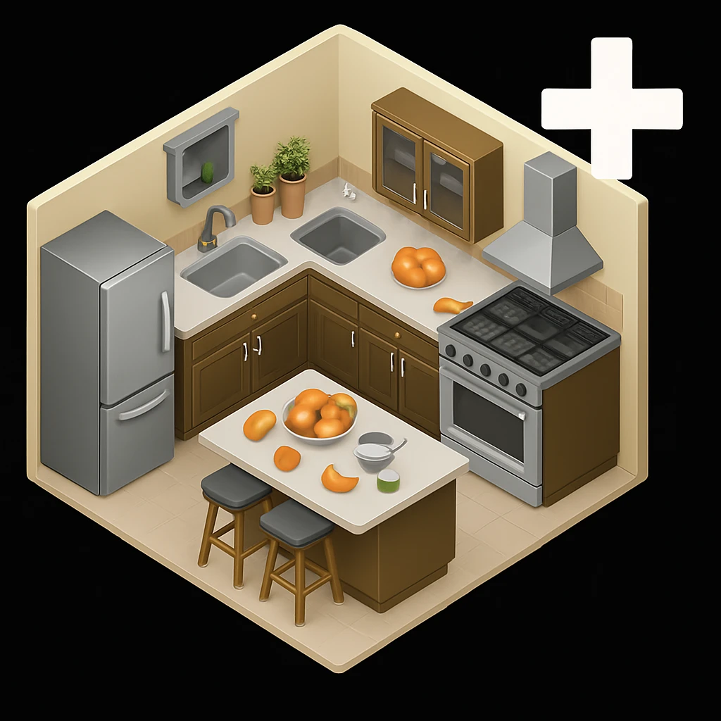Change the color of the plus (+) symbol in the top right corner to white, keeping the rest of the kitchen emoji unchanged, in a style consistent with the original kitchen emoji. emoji