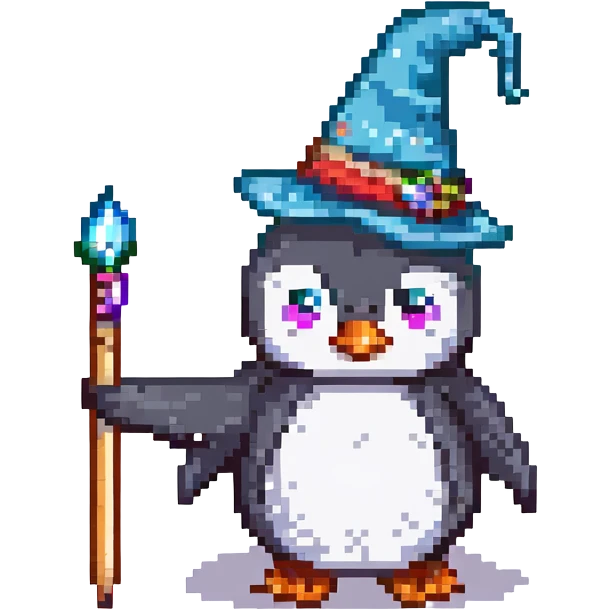 A penguin wizard with a pointy hat and a magic wand emoji