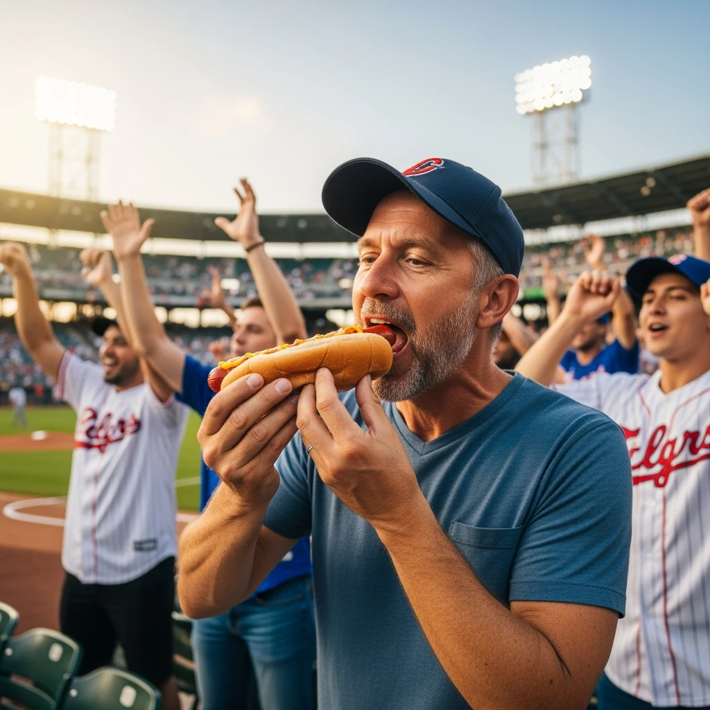 man eating a hot dog at a baseball game emoji