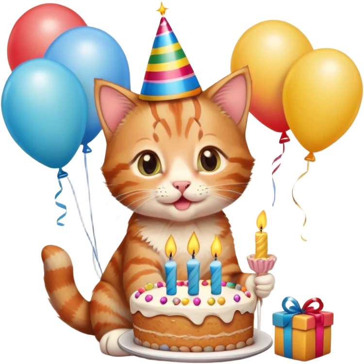 Ginger tabby kitten celebrates birthday, birthday hat, birthday cake, one candle, balloons, happy, gifts emoji