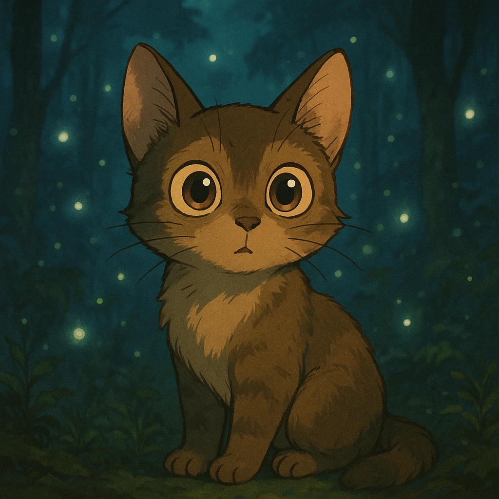 curious cat with big eyes and magical atmosphere in ghibli style emoji