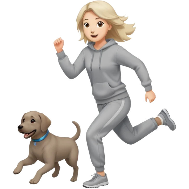 A beautiful girl with fair skin wearing a gray sweatshirt and sweatpants happily chasing a Labrador emoji
