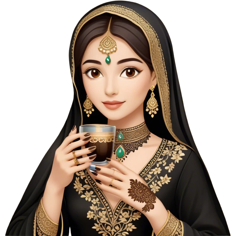 A delicate hand adorned with intricate floral henna designs holds a traitional glass of Arabic coffee. The deep brown henna contrasts beautifully with the rich embroidery of the black outfit, which features shimmering floral patterns. A gold ring and dark nail polish add elegance to the aesthetic. emoji