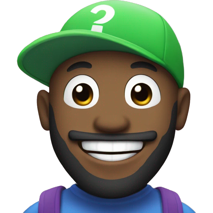 Black light skinned bald man with beard laughing and a Mario hat with a "G" on it emoji
