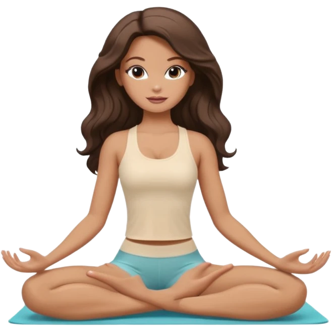 A white Barbie girl with long dark brown wavy hair in a cream and brown colored clothes is doing yoga emoji