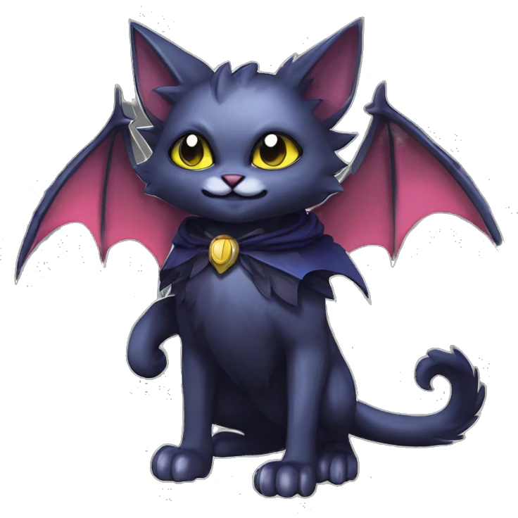   cool edgy beautiful fantasy anime-style dark-themed animal vampiric Nargacuga-cat-hybrid Fakemon with big fangs and bat-wing-ears with a cape full body emoji