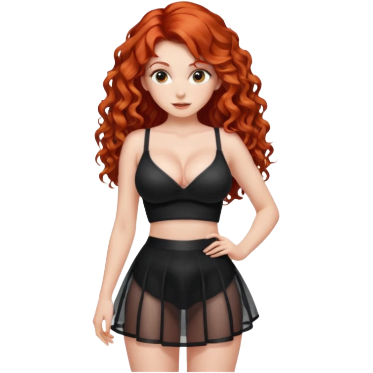 Naked red haired girl with long curly hair and very large big boobs and cleavage.  Thin waist and wide sexy hips. She is completely naked and wearing a see-thru black mesh very short mini-skirt emoji