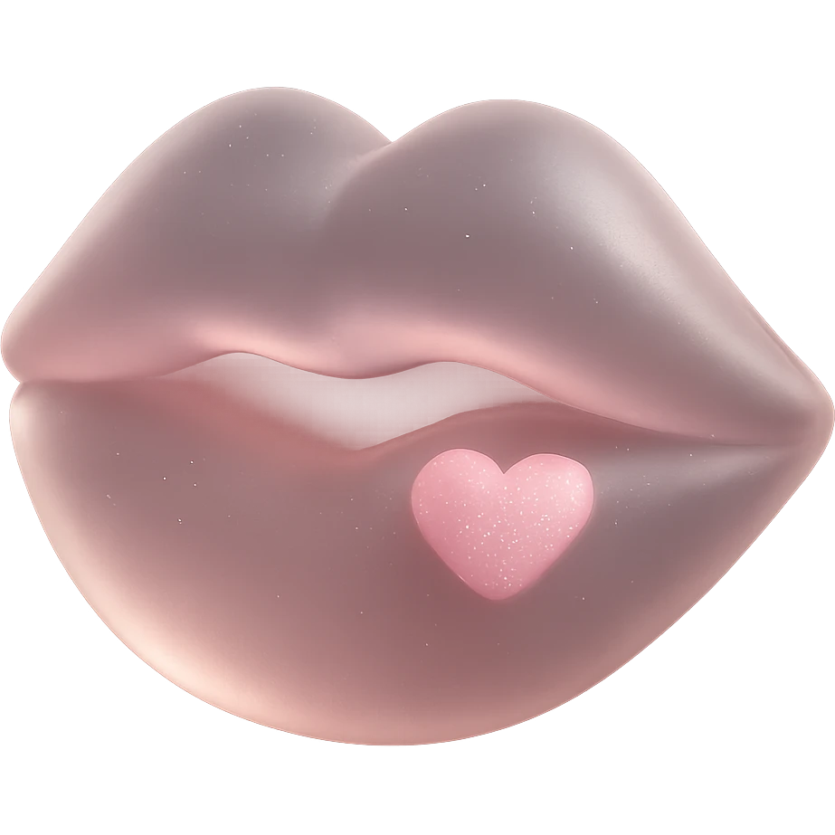 Add a small pastel pink heart accent to the cute 3D pastel pink kiss mark with glittery sparkles, keep the background transparent. emoji