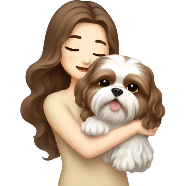 long brown wavy hair korean girl hugging cream and brown colored shih tzu emoji