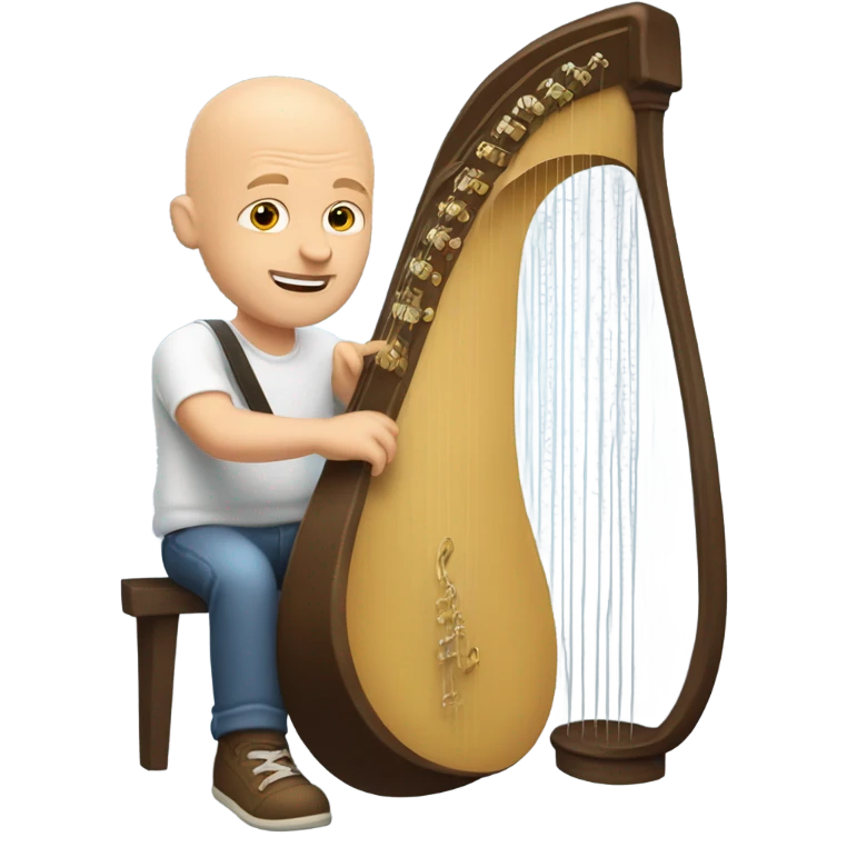 bald white guy casual with ball cap playing a big harp that looks similar to a banjo  emoji