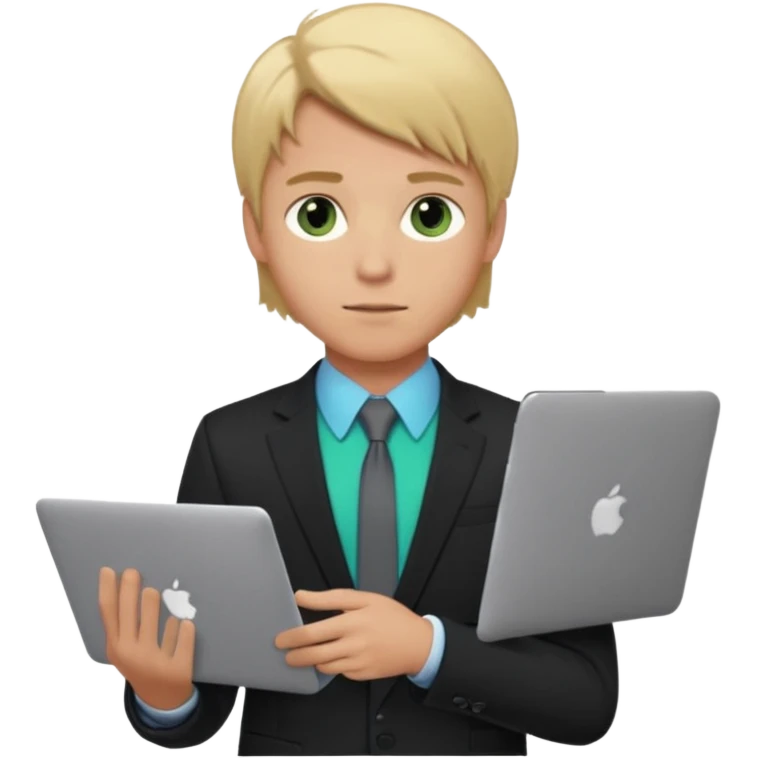 a young boy of about 20 with blond hair that is medium length, he is dressed in suit with tie and jacket, tie blue jacket black, in his hands he has a gray macbook, and black iphone. green-brown eyes emoji