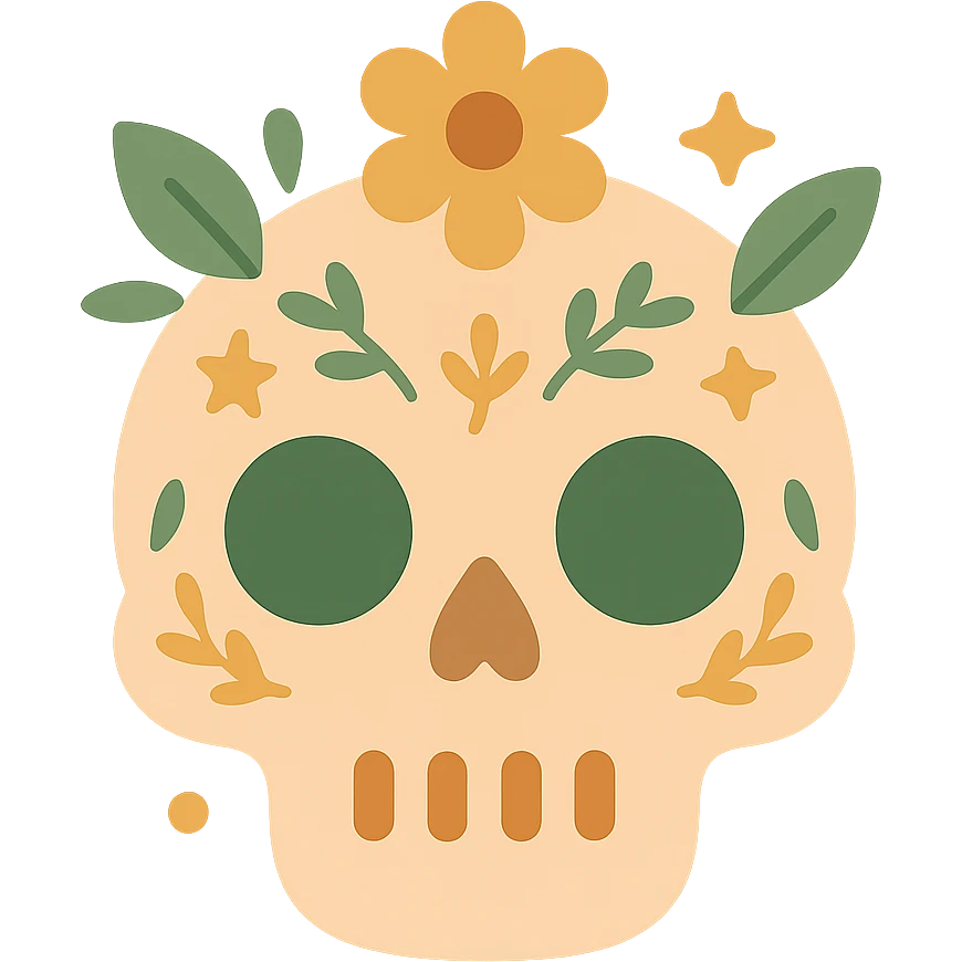 A cute and whimsical skull with a friendly expression, designed in a soft and charming color palette: golden orange (FA9B41), deep forest green (4A7C5C), warm taupe brown (96775A), and pastel peach (FFCC9A). The skull has rounded features and gentle curves, with big, expressive eye sockets that give it a sweet and non-threatening appearance. It’s decorated with floral patterns, tiny stars, or leaf motifs in the given colors, inspired by cozy or magical aesthetics. The background is softly lit, adding to the gentle and enchanting mood, making the skull feel more like a magical companion than something spooky. emoji