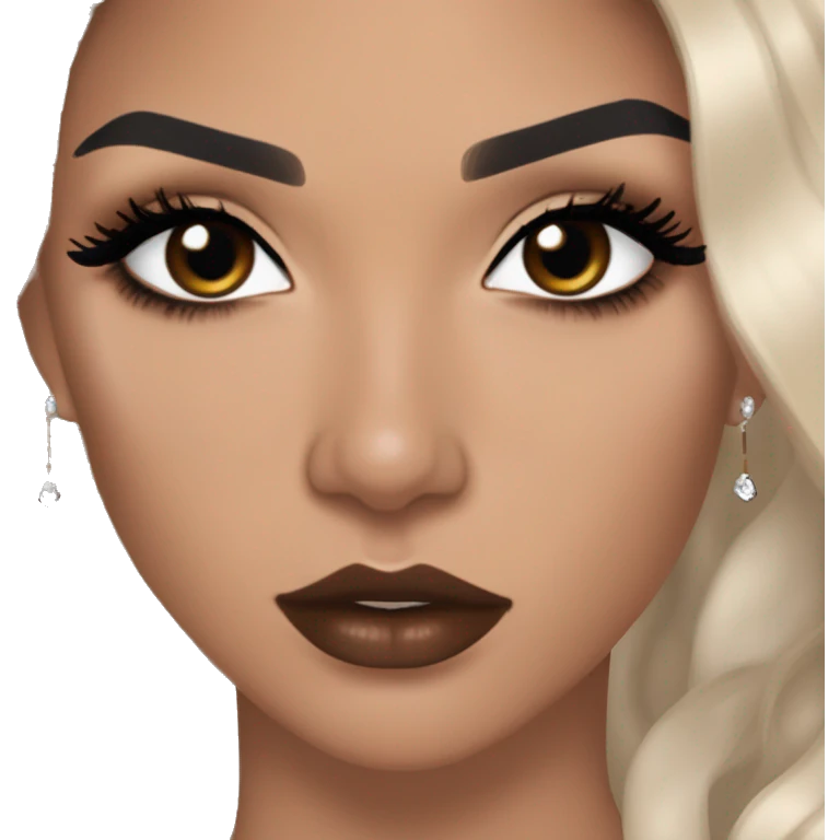 Maddy Perez: warm brown eyes, bold black eyeliner, dark arched brows, full nude-berry lips, bronzed skin, high cheekbones, sleek dark brown long hair in waves/ponytail, rhinestones makeup

 emoji