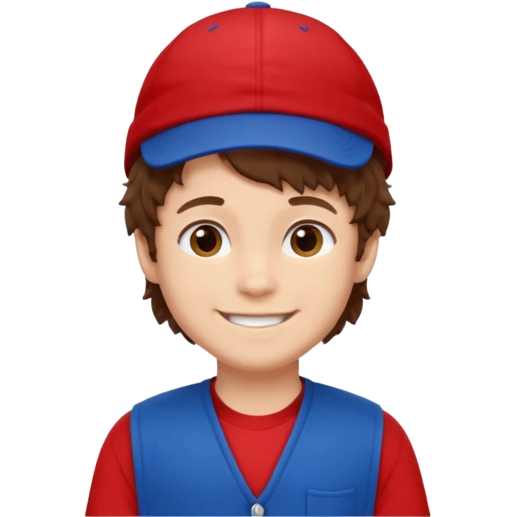 brown fluffy hair kid with blue and white cap dark blue jilet red t shirt emoji