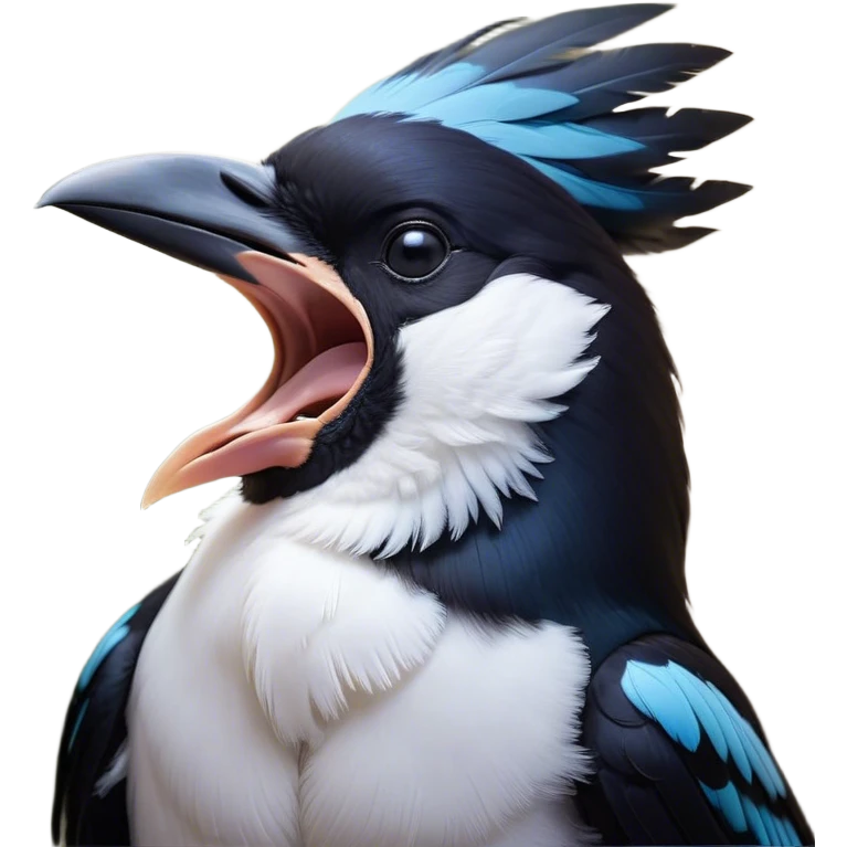 Cinematic Cute Yawning Magpie Portrait Emoji, Head tilted slightly with a dramatic, wide-open yawn, showcasing a sleek, contrasting feathered form with softly drooping wings and sleepy, half-closed eyes, Simplified yet irresistibly adorable features, highly detailed, glowing with a soft, cozy urban glow, high shine, relaxed yet expressive, stylized with a dash of whimsical charm, soft glowing outline, capturing the essence of a drowsy yet affectionate magpie that appears ready to stretch out for a nap! emoji