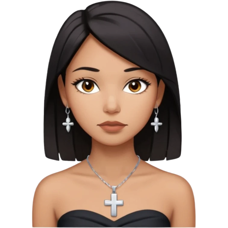 Tan skin, straight black medium hair, almond dark brown eyes, full lips, soft jawline, wearing a silver cross necklace and dark strapless top, calm confident expression emoji