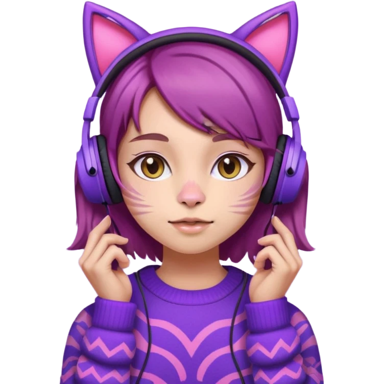 une fille avec des écouteurs de chat rose et des cheveux brun qui est crazy  chandaille mauve  emoji
