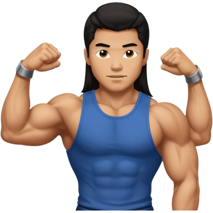 muscled asian guy showing biceps, long dark hair emoji