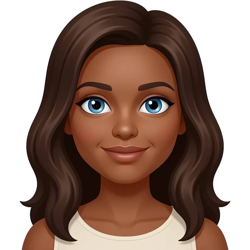 dark skin, 37 year old female with light blue eyes and long brown hair emoji