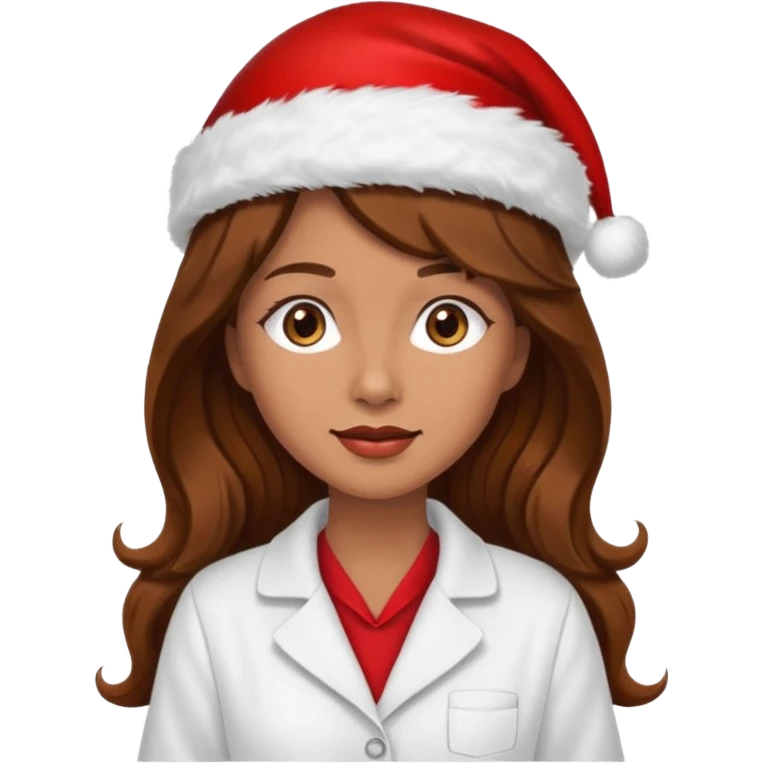 mujer peinandose en la peluqueria y con un gorro de navidad, cabello largo café y ondulado emoji