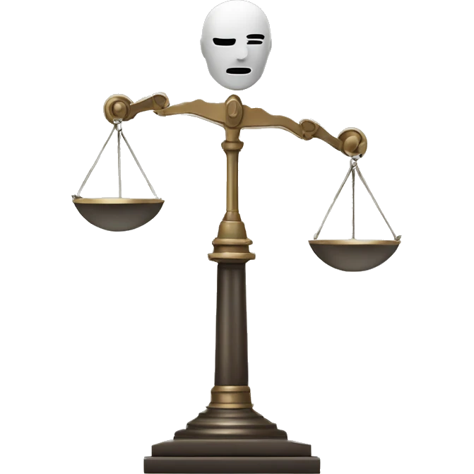 a balance of justice with a robot head in one side and a book on the other side emoji