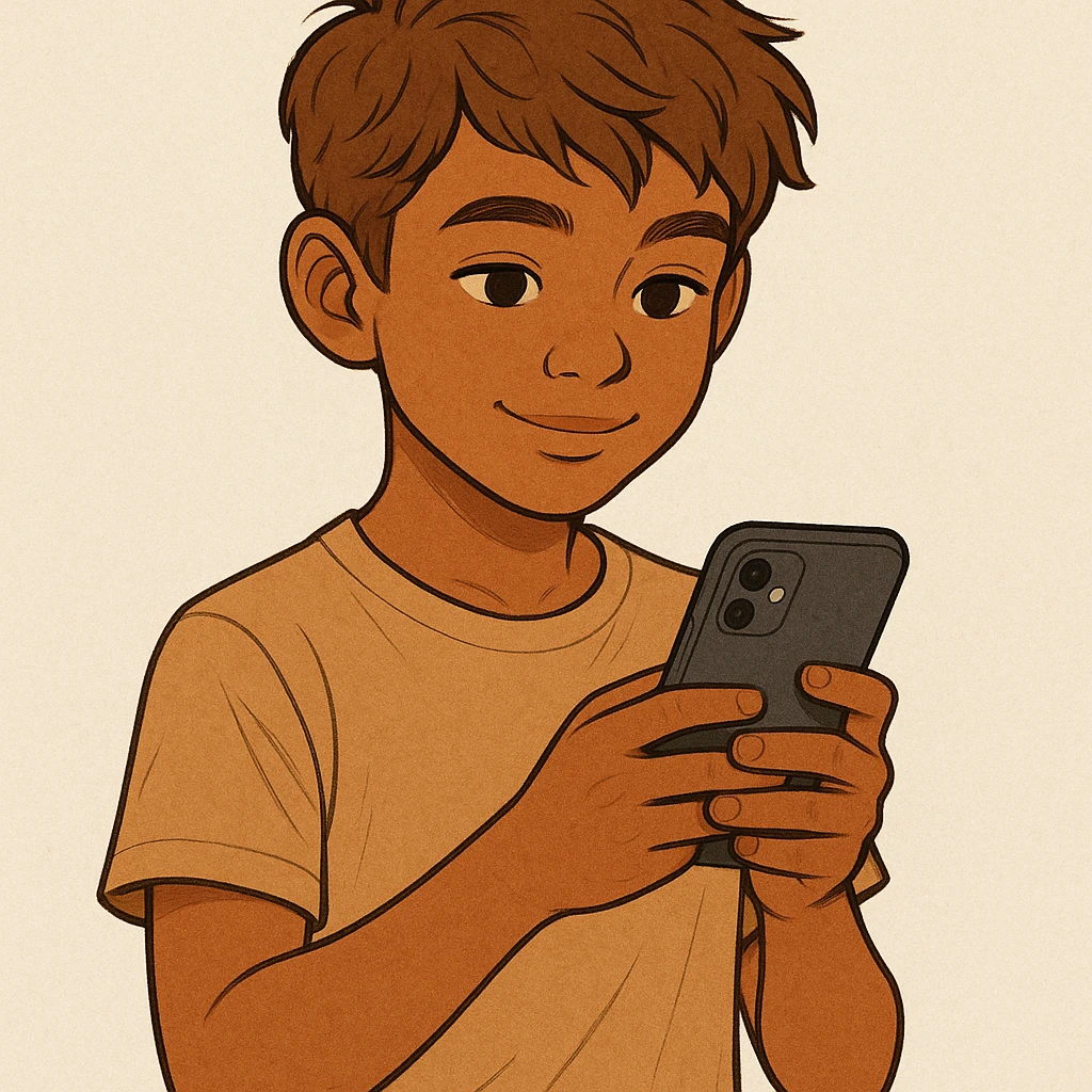 a tan boy with light brown hair holding a phone, style 3 emoji