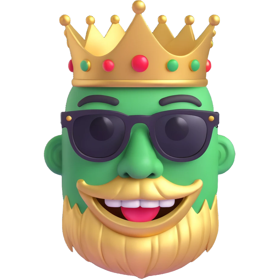 3D emoji of a trollface meme with a gold crown, pixel sunglasses, and a smoking joint emoji