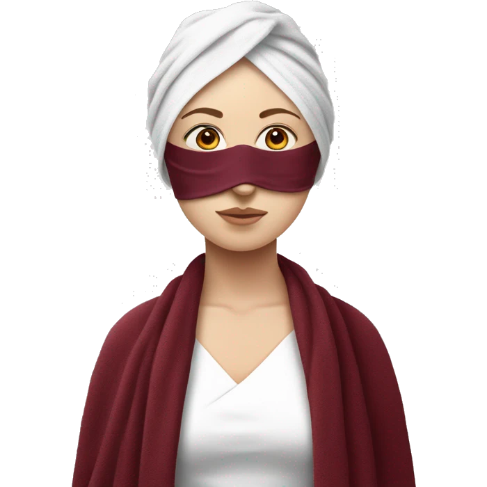 realistic white-skinned girl with a burgundy towel on her head and a white mask on her face emoji