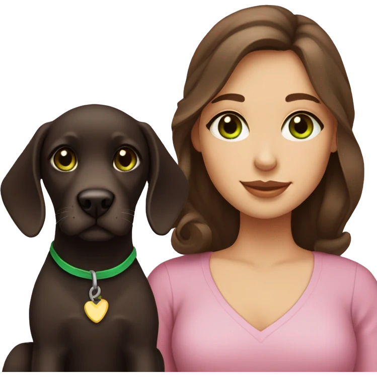 Girl with wavy dark brown hair, fair skin and green eyes with a labrador puppy emoji