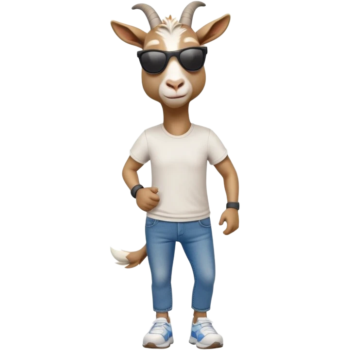 friendly anthropomorphised goat in jeans and a t-shirt, wearing dark sunglasses, jogging upright in standard pose emoji