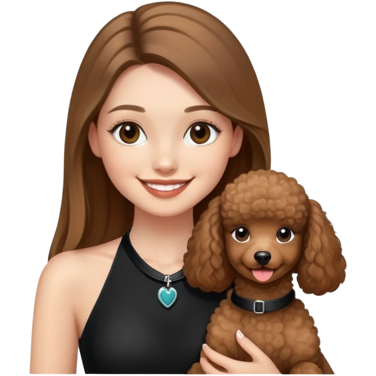 a girl with long straight balayage hair, long lashes, smiling, wearing black halterneck top, and holding a brown poodle emoji